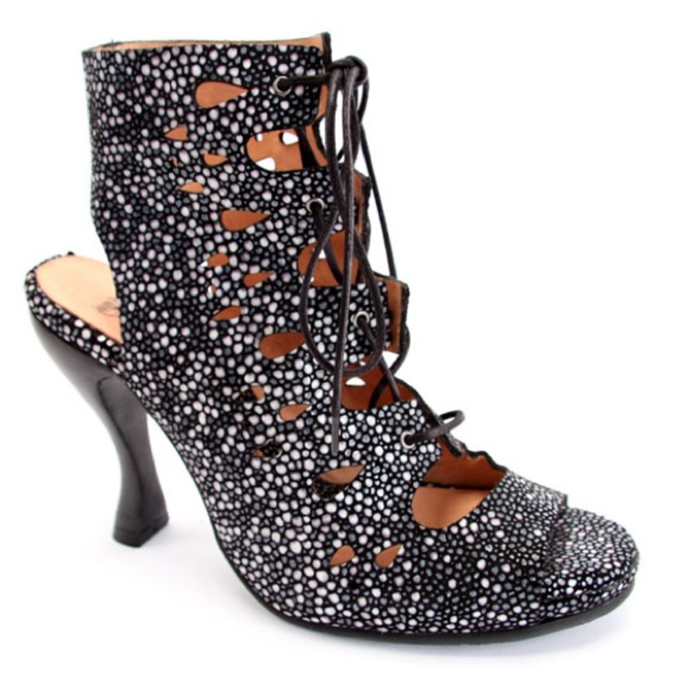 John Fluevog Attentions Gwen open toe bootie devilfish leather